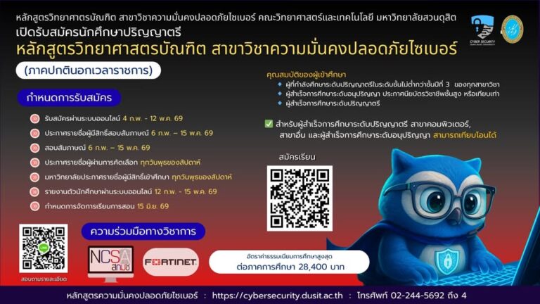คณะวิทยาศาสตร์และเทคโนโลยี มหาวิทยาลัยสวนดุสิต เปิดรับสมัครผู้สนใจเข้าศึกษา หลักสูตรวิทยาศาสตรบัณฑิต สาขาวิชาความมั่นคงปลอดภัยไซเบอร์ ภาคปกตินอกเวลาราชการ