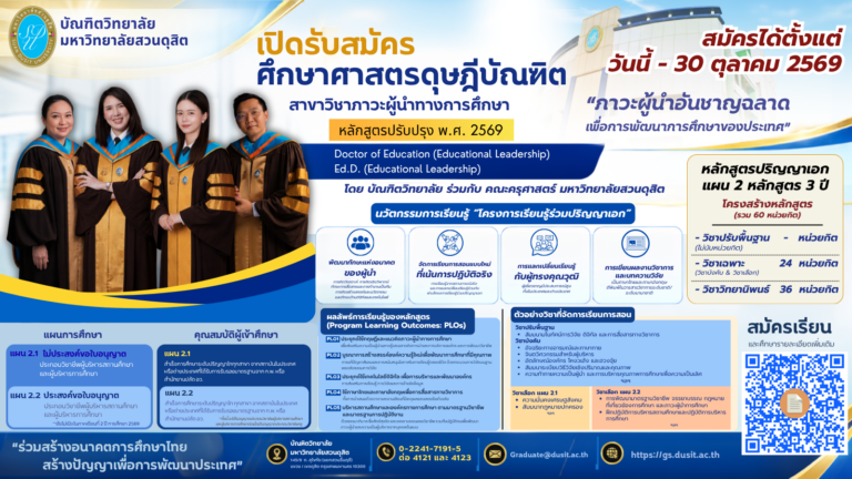 บัณฑิตวิทยาลัย มหาวิทยาลัยสวนดุสิต เปิดรับสมัครผู้สนใจเข้าศึกษา หลักสูตรศึกษาศาสตรดุษฎีบัณฑิต สาขาวิชาภาวะผู้นำทางการศึกษา